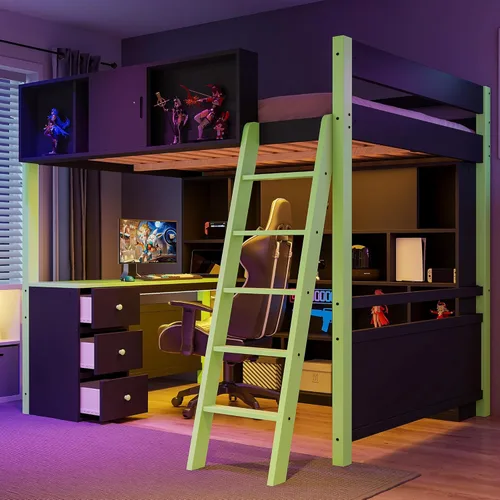 Vista 24 de JIVOIT Twin Size Loft Bed, Esports-Inspired Wooden Gaming Loft Bed with Storage Stairs, Built-in Desk, Shelves & Pegboard, No Box Spring Needed