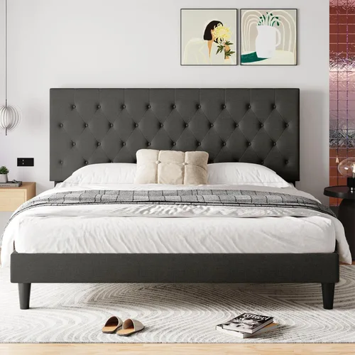 Vista 17 de HOOMIC Base de cama tapizada de tela de tamaño matrimonial con cabecera ajustable de diamante, base de colchón, listones de madera, no necesita Gris