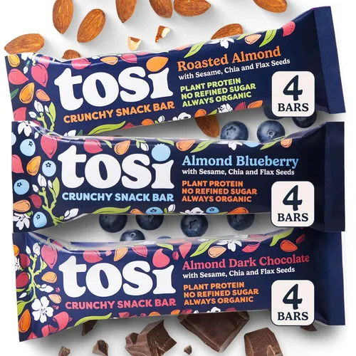 Vista 3 de Tosi Paquete variado de barras de proteína de almendra, a base de plantas con nueces, aperitivos crujientes sin gluten, veganas, orgánicas, semillas