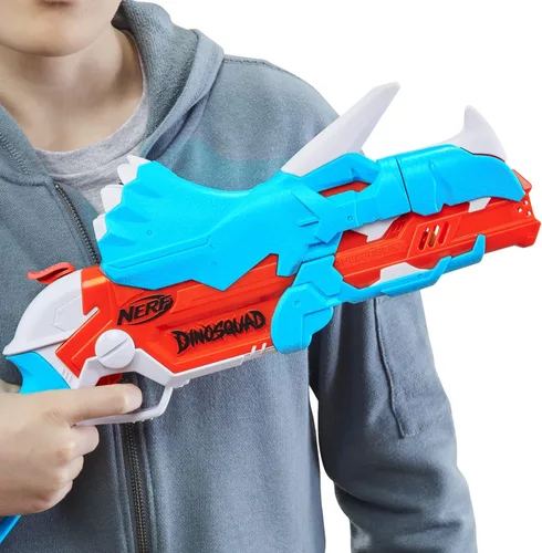 Vista 6 de Pistola de dardos Nerf DinoSquad Tricera-Blast, 12 dardos oficiales Nerf, rellenos para calcetines navideños, juguetes de dinosaurios para niños al