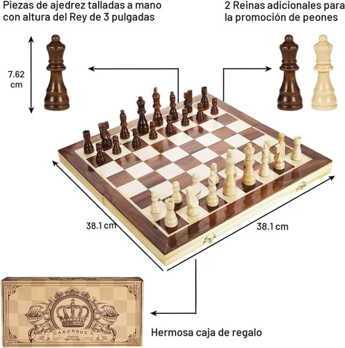 Vista 3 de AMEROUS Juego de ajedrez magnético de madera de 15 pulgadas, 2 reinas extra, tablero plegable, ranuras de almacenamiento de piezas, juego de ajedrez