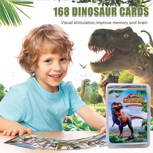Vista 2 de Tarjetas flash de dinosaurio, 42 tarjetas coleccionables de dinosaurios para niños, animales prehistóricos, aprendizaje educativo