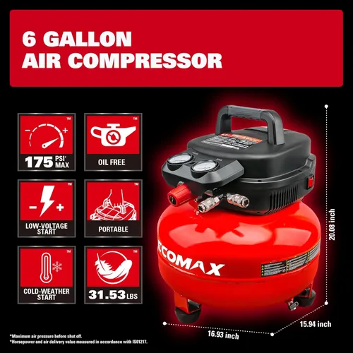 Vista 3 de Compresor de aire, Compresor de aire panqueque de 6 galones, MÁX 175PSI, Compresor para herramientas de aire con kit de 10 piezas de accesorios