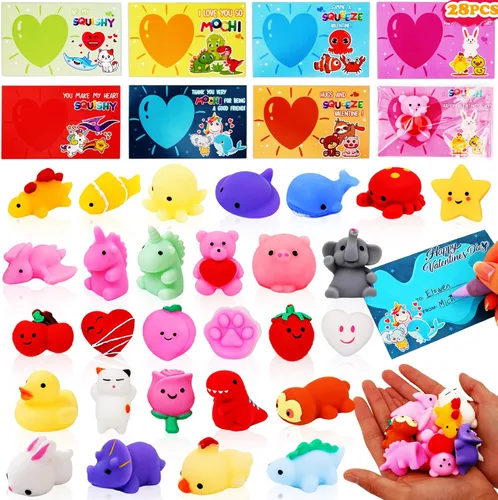 Paquete de 28 tarjetas del día de San Valentín con Mochi Squishy Fidget Toys para niños, lindos juguetes esponjosos Kawaii Squishies para el aula,