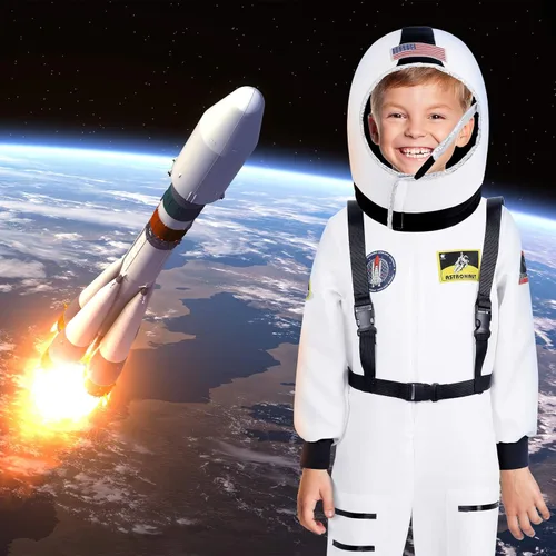 Vista 6 de Geyoga Disfraces de astronauta para niños, disfraz de astronauta con casco de astronauta para fiesta temática de cumpleaños