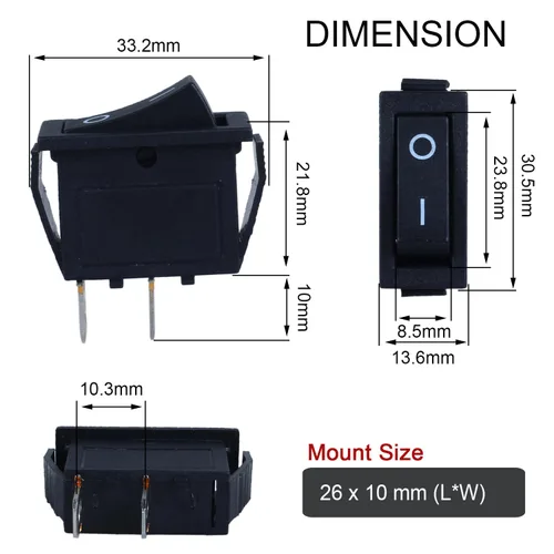 Vista 3 de DWMD - Interruptor oscilante rectangular para barco, 6 unidades, 2 pines, SPST, interruptor de palanca AC 250V/16A 125V/20A para automóvil, barco