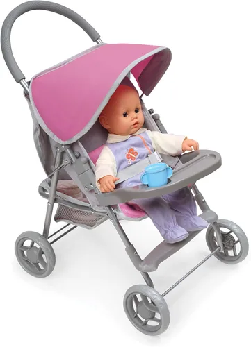 Vista 9 de Badger Basket Deluxe Glide - Cochecito plegable para muñecas de 18 pulgadas en gris y rosa, ideal para aventuras de juego