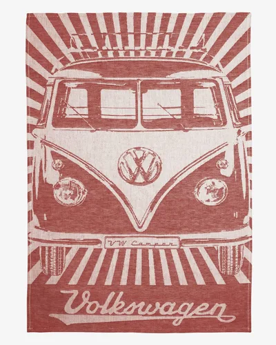 Vista 2 de BRISA VW Collection - Juego de 2 paños de cocina Volkswagen para secar platos, algodón y lino, diseño de autocaravana T1 (rayas samba/rojo)