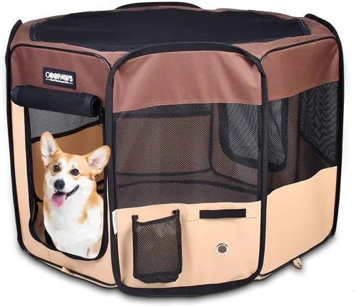 Vista 12 de JESPET 61" Parque de juegos para perros, corral portátil para perros con funda blanda para ejercicio, con bolsa de transporte para cachorros, gatos