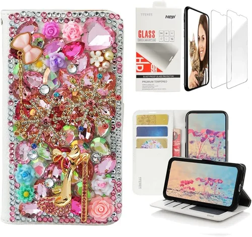 Vista 6 de STENES Bling - Funda tipo cartera compatible con iPod Touch de 7ª generación (2019), elegante, hecha a mano, 3D, diseño de flores de mariposa rosa