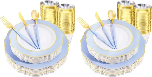 Vista 13 de WDF - Vajilla de plástico desechable para 30 invitados platos color oro y cubiertos color oro con mango blanco - Vajilla de plástico barroco blanco
