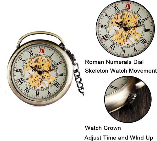 Vista 3 de Carrie Hughes Reloj de bolsillo mecánico Steampunk de cara abierta para hombre con cadena CH336, Tono CH336, Retro