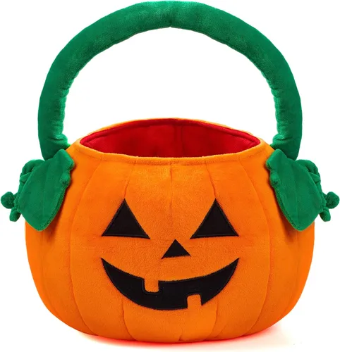 JOYIN Cubo de felpa de calabaza de Halloween, bolsa de dulces de 11 x 13.4 pulgadas, bonita cesta de Halloween con asa para niños, niñas, niños,