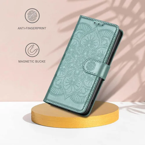 Vista 5 de Funda tipo cartera para iPhone 15, [bloqueo RFID] Soporte para 3 tarjetas con ranura para tarjeta de crédito Funda protectora magnética de piel Verde