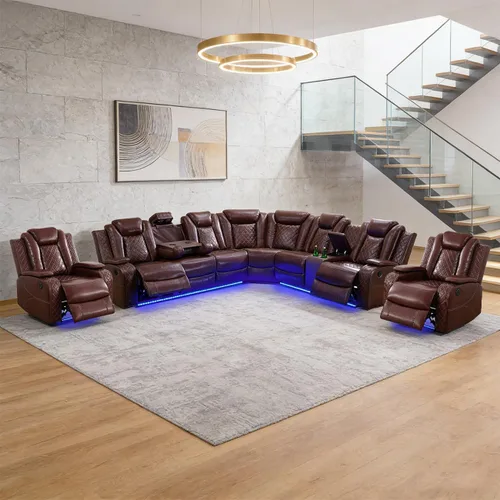 Vista 17 de Juego de sofá modular reclinable eléctrico para sala de estar, juego de sofá reclinable de cuero con luces LED / almacenamiento oculto, sofá en Beige