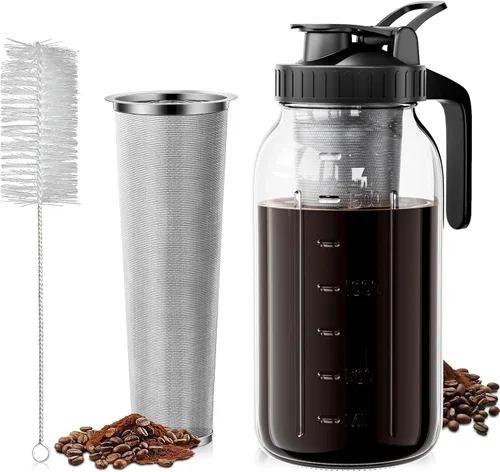 Cafetera de Café Frío de 64oz, Cafetera para Café Helado con Filtro de Acero Inoxidable 304, Jarra Mason con Tapa y Caño (Negro)