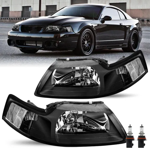 Vista 9 de JSBOYAT Par de faros delanteros con bombillas para Ford Mustang 1999-2004 kit de repuesto (carcasa negra con reflector ámbar)