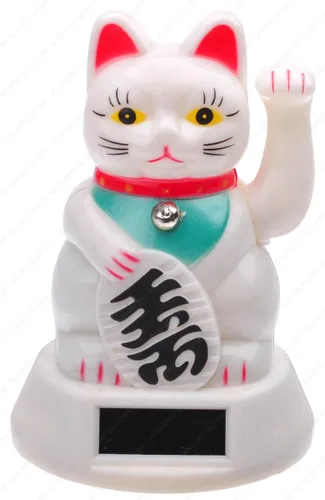 M.V. Trading Maneki Neko Fortune Cat Lucky Cat blanco funciona con pilas también funciona con energía solar con brazo agitador, 5 pulgadas