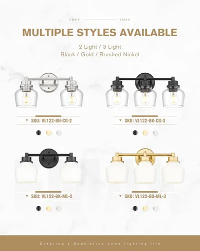 Vista 6 de Emak VL122-BK-CG-2 - Luces modernas de baño negras, accesorios de iluminación de tocador de granja con pantalla de vidrio transparente, 2 luces