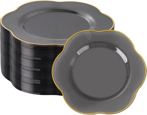 Liacere 100 piezas de platos de plástico duraderos - Platos de plástico gris con borde dorado - 100 platos grises para cena, perfectos para bodas,