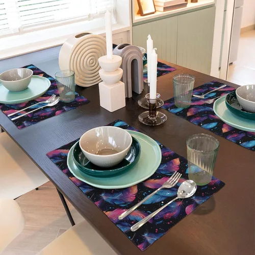 Vista 6 de Dining Table Placemats Set of 4-12x18 Inch Pink Blue Feathers Print Faux Linen Double Heat Resistant Place Mats, Kitchen Table Mats, Wipeable