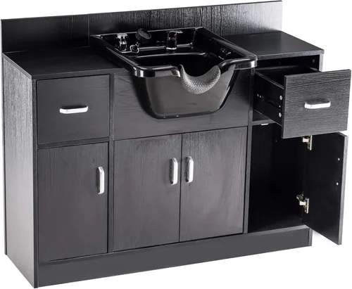 Vista 7 de BarberPub Estación multifuncional de lavabo de champú con cuenco de champú para estilista, gabinete de belleza de spa de salón con rociador