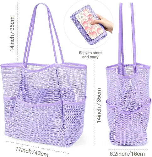 Vista 2 de KPX Bolsa de playa con mini bolsillo, bolsas de playa para mujer, bolsas de viaje grandes plegables de malla para piscina, a prueba de arena