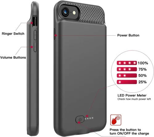 Vista 5 de BOPPS Funda de batería para iPhone 8/7/6s/6/SE (2022/2020), funda de carga ultra delgada y potente de 6000 mAh, protección de 360°, recargable