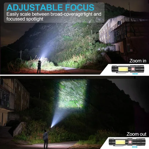 Vista 6 de Linterna recargable, linterna LED súper brillante con luz lateral COB, zoomable, impermeable, 4 modos, linterna táctica para camping, emergencia