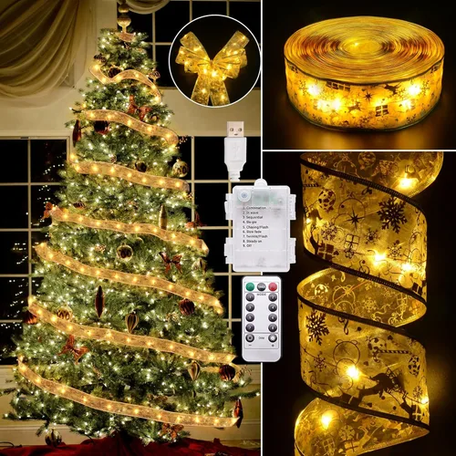 Vista 14 de Vimorg - Decoraciones de Navidad, 6.35 cm x 33 pies, 100 luces LED en forma de cinta para árbol de Navidad con control remoto, luces de hadas de 8