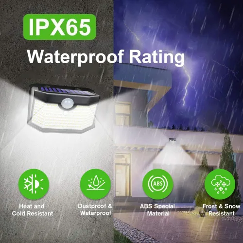 Vista 5 de HMCITY 120 luces LED solares para exteriores con sensor de movimiento y 3 modos de iluminación, IP65 impermeables, amplias, luces solares de pared
