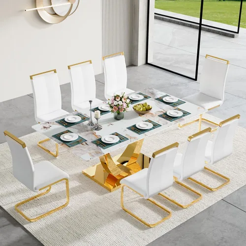 Vista 44 de Juego de mesa de comedor para 4, mesa de comedor de mármol sintético de 63 pulgadas con patas y base de acero inoxidable, sillas acolchadas