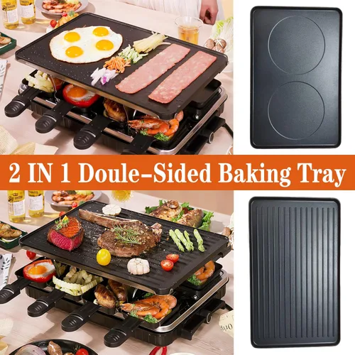 Vista 2 de Raclette Grill - Parrilla eléctrica sin humo, parrilla coreana para barbacoa, 2 en 1, antiadherente con 8 bandejas de queso Raclette, control