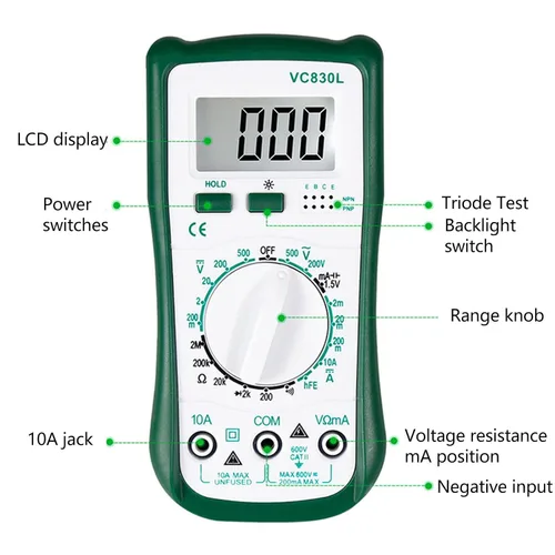Vista 5 de Mini probador eléctrico del bolsillo del multímetro digital para el diodo de corriente del voltaje para la salida del hogar, prueba de batería