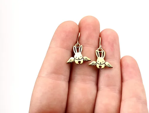 Vista 3 de Mark Poulin Tiny Gold Dipped Sterling Silver Angel Bunny Earrings - Rabbit Memorial Dangles for Women and Girls
