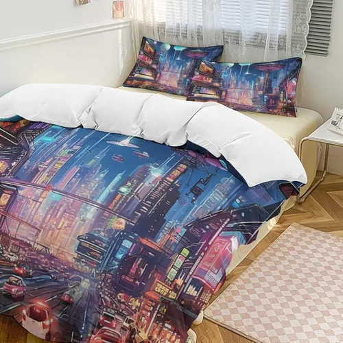 Landscape Duvet Cover Full Size, Ultra Soft Microfiber Cityscape Bedding Set, 3 Pieces Night Scenery Pattern Comforter Cover Set with Zipper Closure