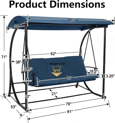 Vista 2 de Columpio de porche con toldo, columpios al aire libre con soporte, cama de columpio de patio con cojines, banco de columpio para 3 personas