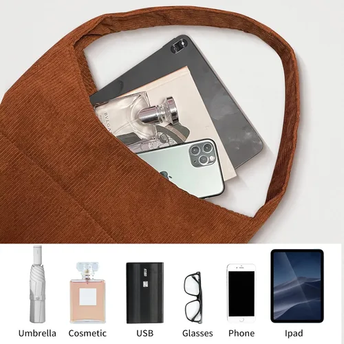 Vista 5 de Corduroy Tote Bag for Women,Cute Casual Handbags Shopping Work Bag Shoulder Bag with Pockets