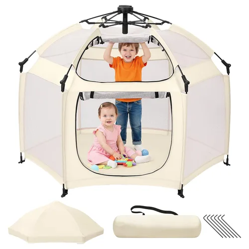 Dripex Pop Up Playpen, Foldable Pop and Go Outdoor Baby Playpen w/Built-in Safe Lock and Padded Floor, Portable Travel Play Pen and Beach Tent for
