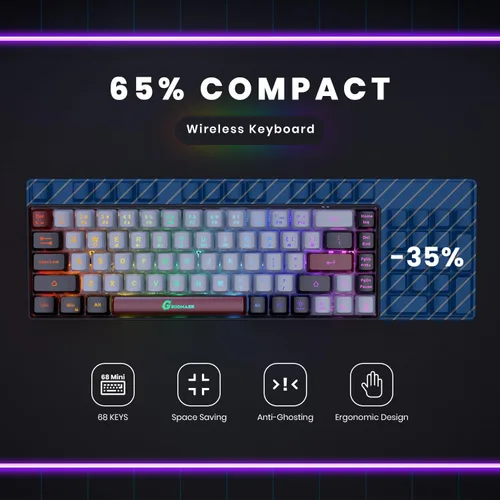 Vista 6 de Teclado inalámbrico 65% para juegos, teclado recargable con retroiluminación RGB con 14 modos retroiluminados, 68 teclas ultra compacto