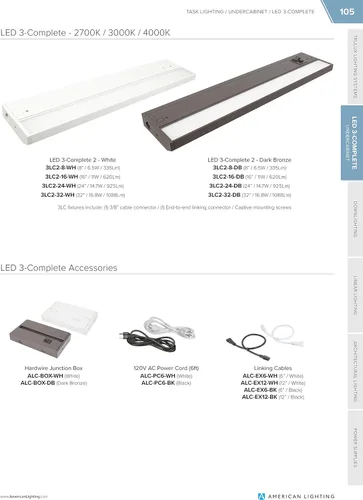 Vista 3 de American Lighting 3 accesorios LED completos para debajo del gabinete, ajustable 2700K-3000K-4000K blanco cálido, blanco y color blanco ultra Bronce