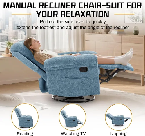 Vista 4 de Korser Silla reclinable, silla reclinable giratoria para adultos, reclinables pequeños para espacios pequeños, silla reclinable manual con bolsillos