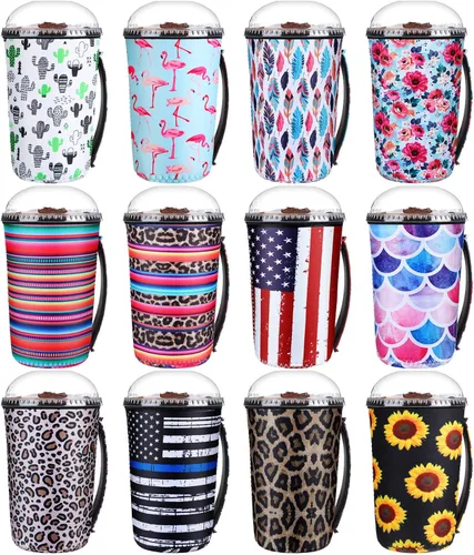 Boao 12 piezas de funda aislante reutilizable de neopreno para tazas heladas con asa, portavasos para bebidas frías y calientes, estilo elegante, 24
