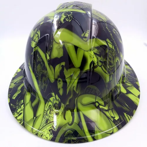 Vista 4 de Wet Works Imaging Personalizado Pyramex Full Brim Green Biker Babes Hard Hat con suspensión de trinquete
