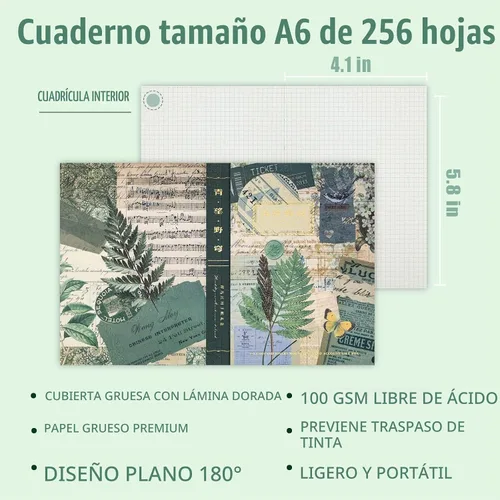 Vista 4 de Kit de Suministros para Scrapbooking, Kit de Scrapbook Estético Botánico Vintage para Bullet Journal Junk Journal A6 Cuaderno de Cuadrícula