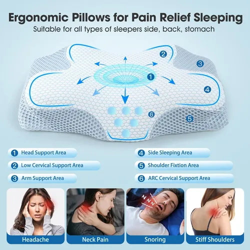Vista 2 de Almohada cervical para aliviar el dolor de cuello, almohadas de espuma viscoelástica de contorno inodoro, almohadas cervicales cervicales
