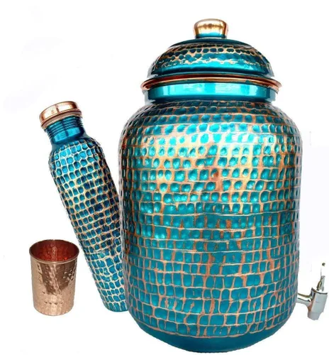 Tanque de almacenamiento de agua martillada de cobre puro Olla azul Capacidad de 4 litros con secadora y botella de cobre