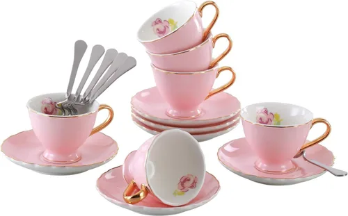 Jusalpha® Fine China Coffee Bar Espresso - Juego de 6 tazas y platillos pequeños (FD-TCS02 rosa (6), 3 onzas