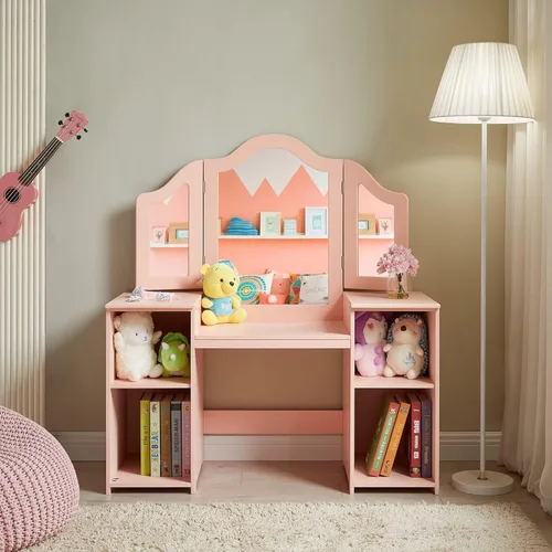 Vista 3 de Kovhzcu Tocador para Niños, Gabinete de Almacenamiento de Tocador de Maquillaje de Princesa 2 en 1 con Parte Superior Desmontable, Juego de Tocador