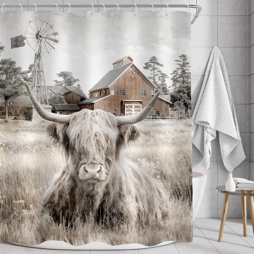 Country Highland - Cortina de ducha rústica con diseño de vaca, estilo granja, vintage, 60 pulgadas de ancho x 72 | Windmill Longhorn Bull Fence